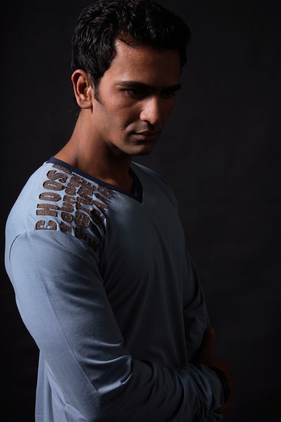 Grey Blue Graphic V-Neck Tee