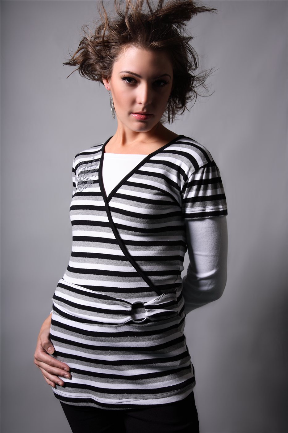 Grey Striped Wrap Tunic Top
