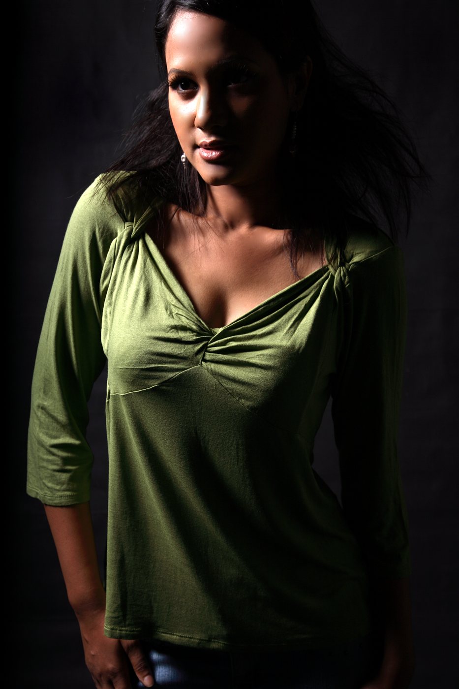 Olive Green Ruched V-Neck Top